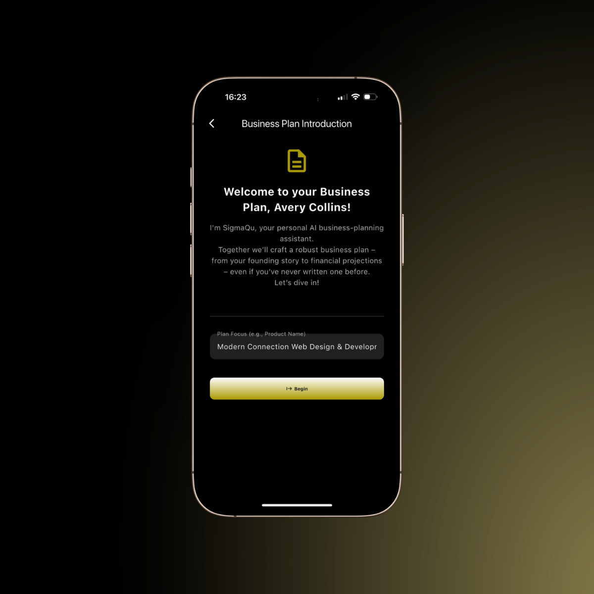 Business plan builder app interface
