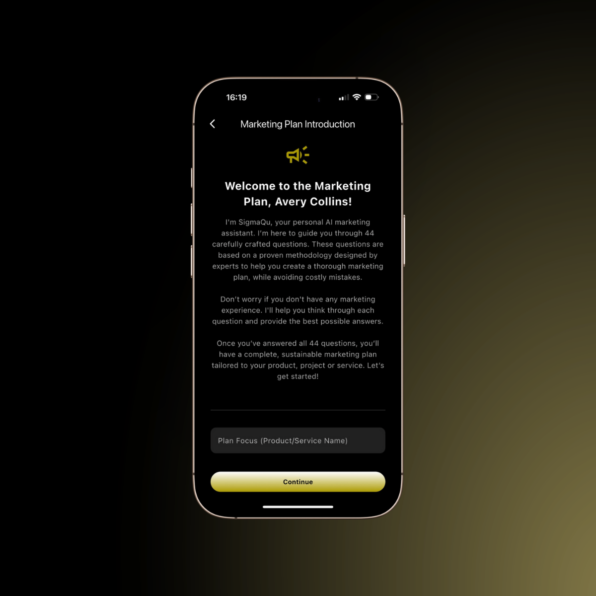 Marketing Plan builder app interface