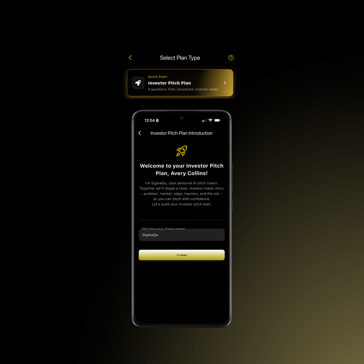 Investor Pitch Plan builder app interface